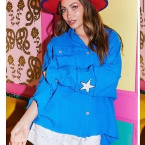 Western howdy y’all Blue Button-Up Shirt with Star Patch
